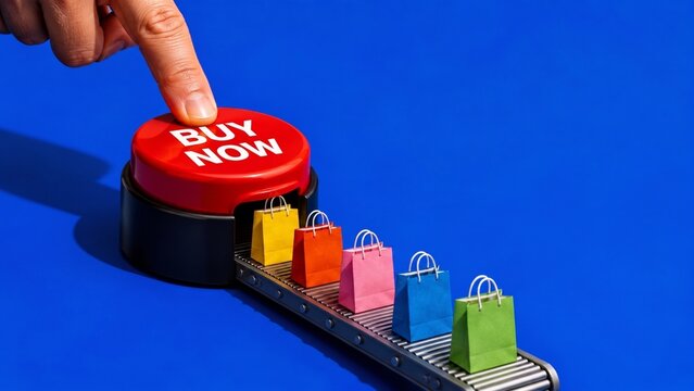 Finger pressing Buy Now button producing shopping bags