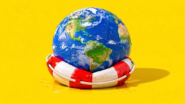 Planet Earth sitting inside a lifebuoy on yellow background