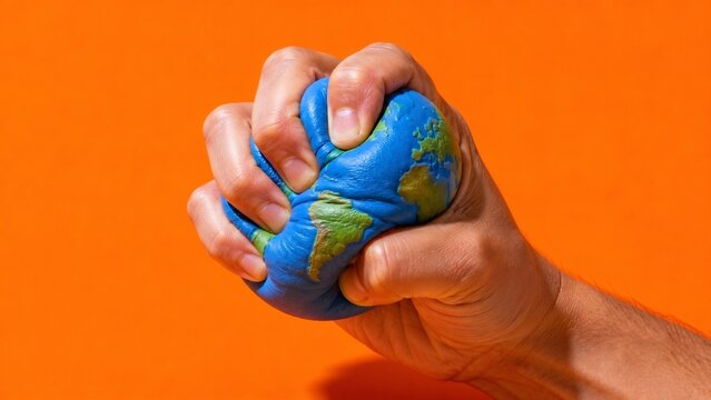 Hand squeezing a stress ball shaped like planet Earth