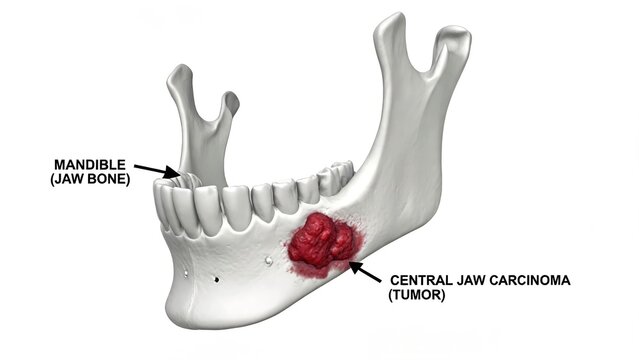 3D medical illustration of mandible bone with central jaw carcinoma tumor, labeled anatomical diagram of lower jaw bone cancer, isolated on plain white background, oral oncology educational graphic