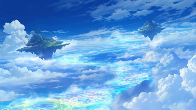 雲の間に浮かぶ島々と虹色の道が広がる幻想的な風景