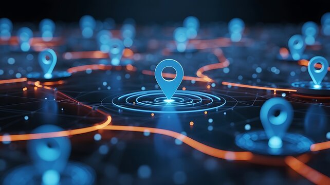 Abstract digital network visualization with glowing blue location pins and interconnected paths representing global data and navigation systems