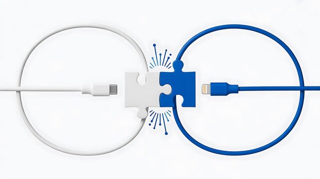 Conceptual 3d render of white and blue puzzle pieces connecting with usb cables on a clean white background, representing digital data compatibility