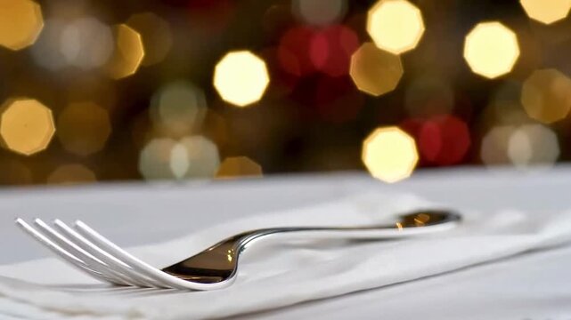 Close-Up on Hands of Waiter in White Gloves Placing Sterling Silver Fork on Festive Table
