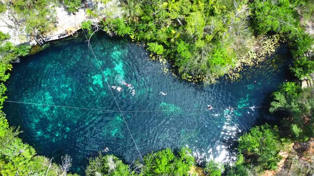 Vertical aerial footage highlighting the turquoise water and surrounding jungle of Cenote Angelita, Quintana Roo, Mexico.