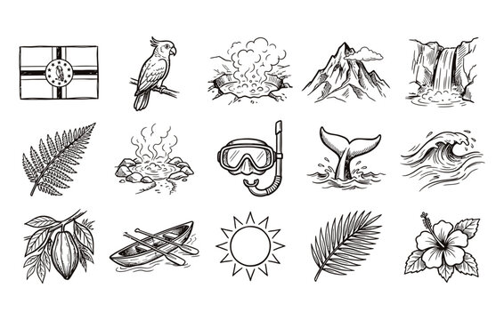 Dominica Independence Day vector illustrations featuring national flags and imperial parrots and boiling mud pools and mountain peaks and canyon waterfalls
