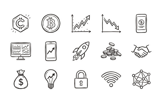 Cryptocurrency and blockchain technology vector illustration collection showcasing digital currency symbols financial charts crypto mining tools and network elements