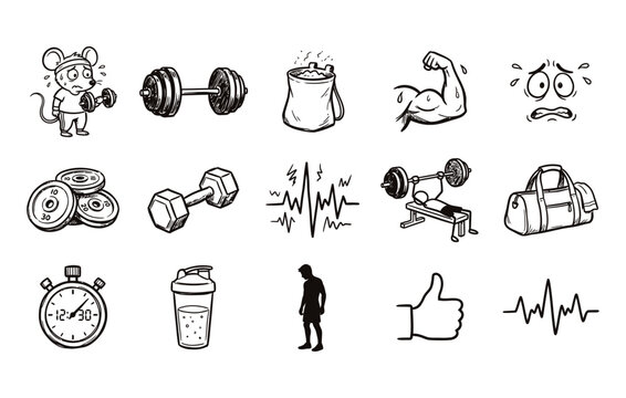 Fitness and gym vector illustrations featuring sweating mice lifting dumbbells and heavy barbell weights and gym bags and flexed muscle arms
