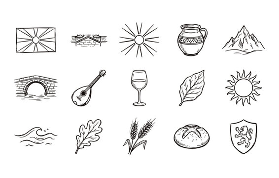 Hand drawn Macedonian heritage and folklore vector pack including essential cultural symbols nature accessories traditional artifacts and national elements