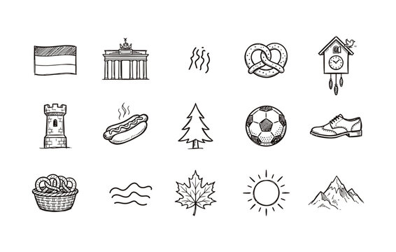 Hand drawn German heritage and travel vector pack including essential cultural symbols architecture accessories traditional food and national elements