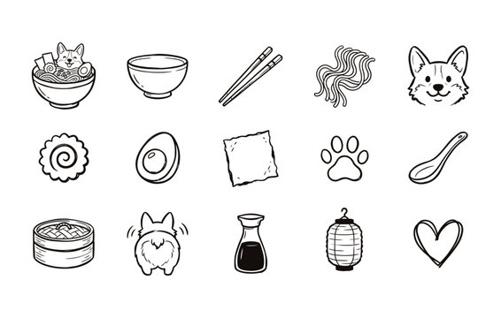 Hand-drawn Japanese noodle and puppy icon set showcasing dog face portraits and narutomaki fish cakes and boiled eggs and seaweed sheets and paw prints