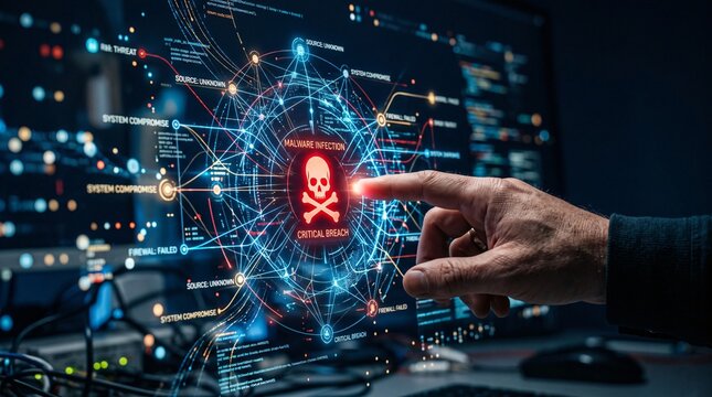 Finger points to diagram of malware infection critical breach in computer network system.