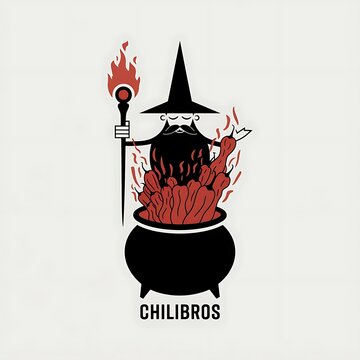 Halloween witch stirring spicy cauldron with flames in flat design illustration