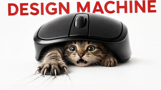 A small cat peeking out from under a computer mouse on a white background design machine.