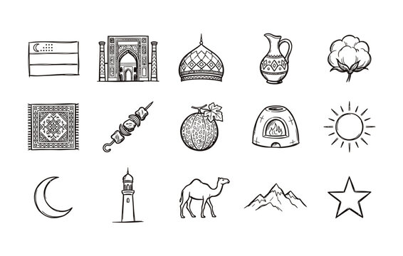 Uzbekistan Independence Day vector illustration collection featuring historic Central Asian architecture traditional patterns and cultural symbols
