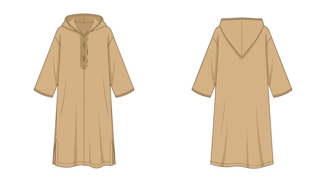 Unisex Hooded Long Sleeve Kaftan Robe Technical Flat Sketch with Lace Up Front and Back View Template