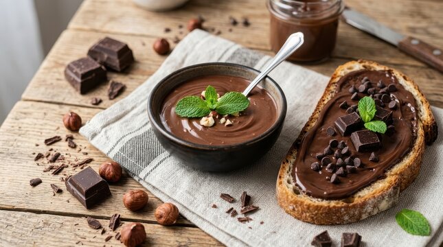 Chocolate hazelnut spread in a bowl and on bread slice