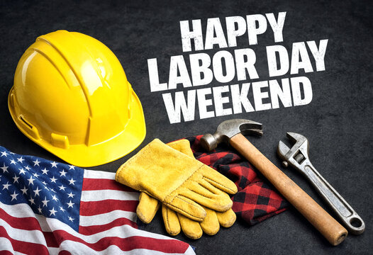 Happy labor day weekend celebration with tools gloves and american flag display
