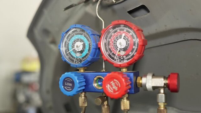 A manifold gauge hangs under an open car hood.