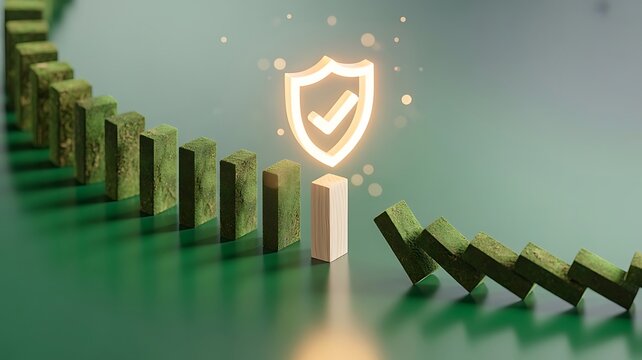Conceptual business security with glowing shield protecting standing dominoes from falling on a dark green surface background