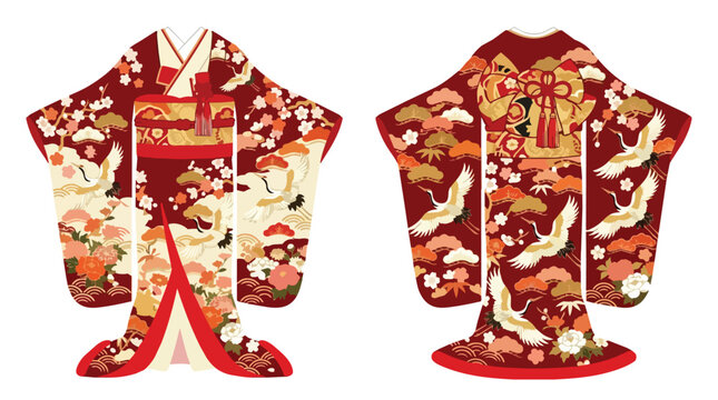 Traditional Red Japanese Kimono Set with Elegant Crane Pattern Floral Ornament and Gold Silk Fabric Texture Front and Ba