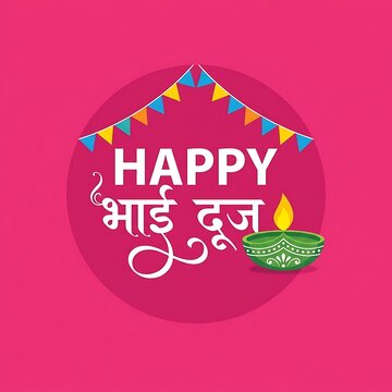 Happy bhai dooj greeting card design with traditional diya lamp and bunting flags