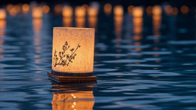 Floating lantern on dark water during obon festival, toro nagashi ritual, okuribi remembrance, glowing paper candle, night river reflections, ancestral memorial ceremony, japanese tradition