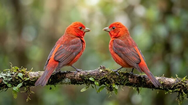 two hepatic tanager red tanager singing close up at morning light in arizona woodland usa video