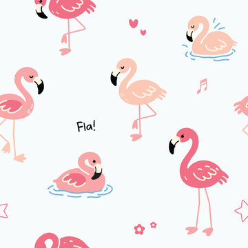 Happy Flamingo Seamless Pattern Vector Cute Colorful Cartoon Bird Background for Kids Fabric and Baby Design