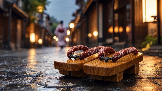 Pair of geta sandals on wet paved street with glowing lanterns and blurred woman in yukata during Tanabata, Natsu Matsuri, Gion Matsuri, Hanabi Taikai, or Obon evening celebration