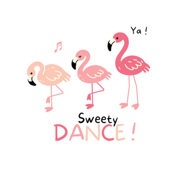 Pink Flamingo Couple Cartoon Vector Romantic Love Birds with Heart for Nursery and Baby Design