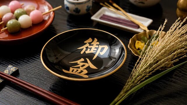Black lacquerware bowl with gold Japanese kanji text inside Obon festival altar setting resting on wooden surface with dango sweets and pampas grass