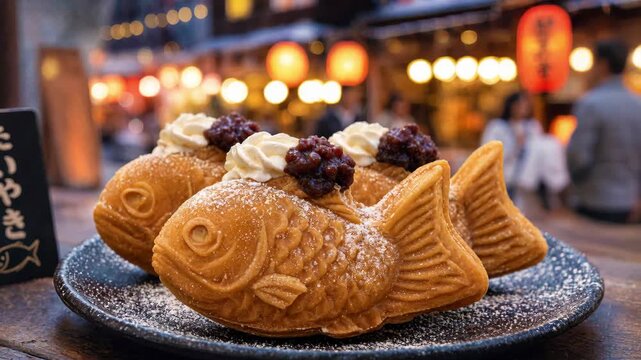 Taiyaki fish shaped pastries with red bean topping, whipped cream, powdered sugar on ceramic plate, yatai food at japanese street market, lantern bokeh, summer festival dessert, obon night