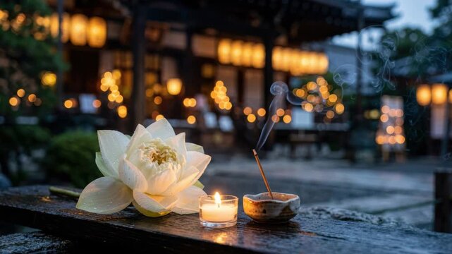 White lotus resting beside burning incense burner and candle flame outdoors during Vesak, Buddha's Birthday, Hungry Ghost Festival, Loy Krathong, Higan, or Obon memorial ritual at temple courtyard