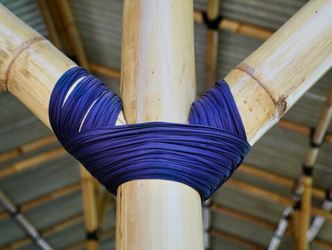 Close-up shot of a traditional bamboo structure joint bound tightly with dark purple fabric rope in sustainable construction