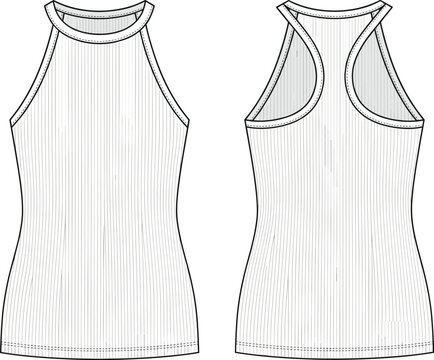 Flat sketch technical drawing of a women ribbed halter neck tank top front and back view