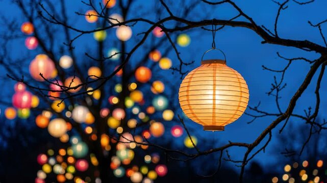 Obon festival lanterns at twilight, bon festival evening ritual, glowing paper chochin on bare branches, ancestral remembrance offerings, japanese summer ceremony, warm bokeh lights, dusk