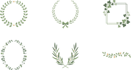 Fototapeta premium Elegant Green Laurel Wreath and Botanical Leaf Frame Vector Set for Wedding Invitations, Logos, and Organic Branding Designs