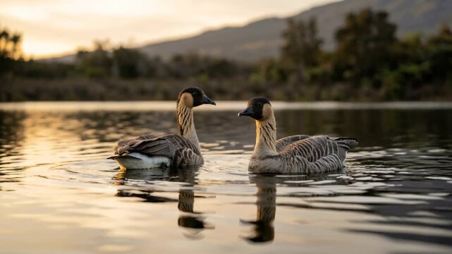 two hawaiian goose nene on lake close up at morning light in haleakala national park hawaii usa video