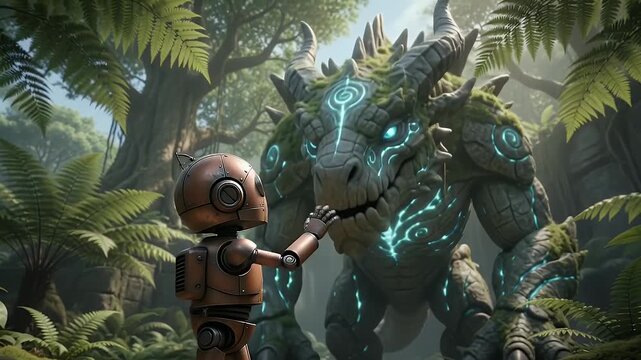 Small robot and large dragon-like creature standing in a lush, ancient jungle, fantasy concept