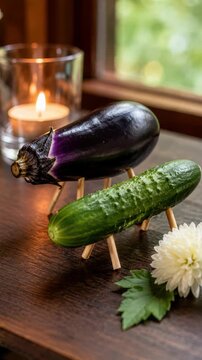 Traditional shoriki horse cucumber and cow eggplant figures crafted with wooden wooden legs resting on table beside candle flame during Obon spirit welcoming ceremony