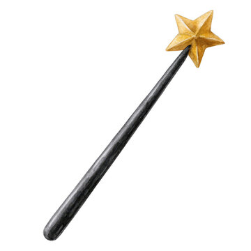 Black magic wand with star, isolated on transparent background