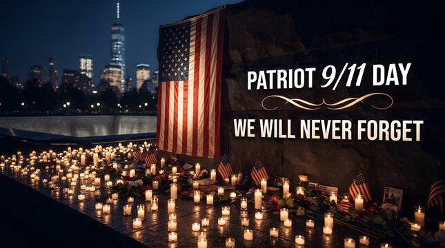 Patriot Day September 11 remembrance banner with candles and American flag