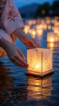 Person wearing traditional yukata placing a floating paper lantern onto river water at dusk during Japanese Toro Nagashi memorial ceremony