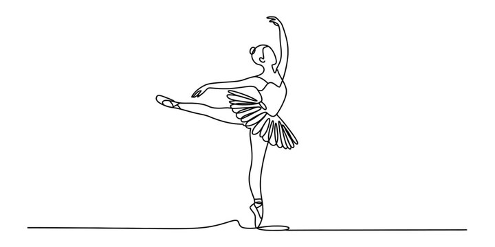 Continuous single line drawing of a graceful ballerina dancing in a classic ballet pose