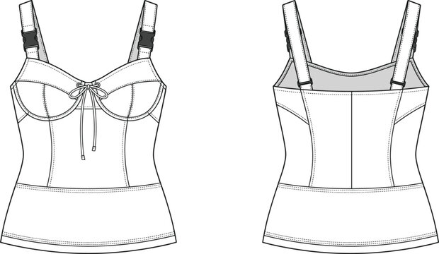Women bustier tank top with tie string and adjustable buckle straps technical flat sketch apparel design vector template