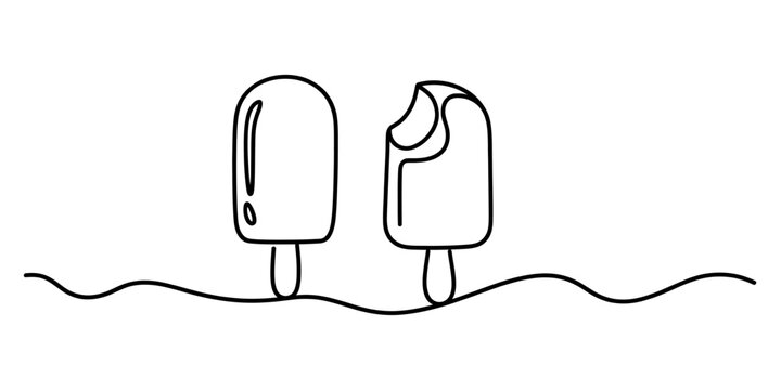 Simple line art illustration of two popsicles one with a bite taken out on a wavy line
