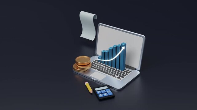 Profit growth and infographics, up trend in stock market depicted by stacks of coins growth and financial chart as the back with arrow up. Investment and business growth concept. 3D animation
