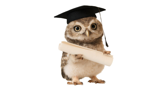 Cute owl wearing graduation cap holding diploma isolated on white background