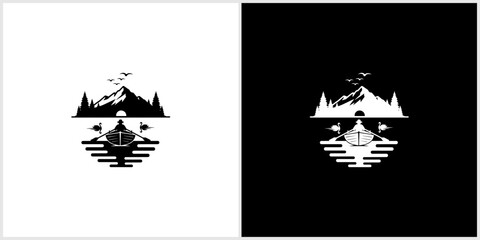 Fototapeta premium Minimalist Mountain Lake Adventure Logo with Boat Reflection and Nature Elements